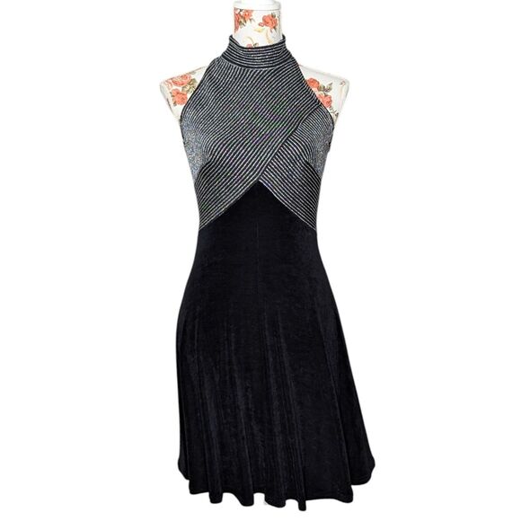 VTG Tadashi Shoji Sz M Y2K Halter Top Fit Flare Dress Black Silver Retro Sexy - Picture 1 of 8